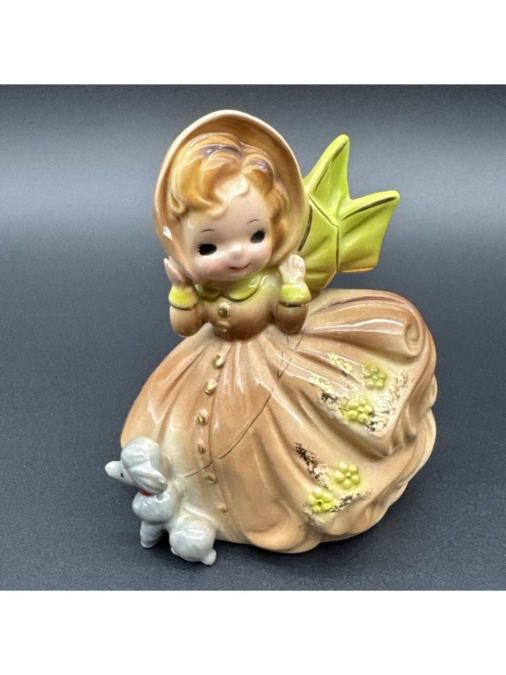 Vintage Josef Originals March Girl with Poodle Dog Ceramic Figurine 50’s Brown